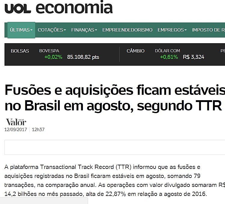 Fuses e aquisies ficam estveis no Brasil em agosto, segundo TTR